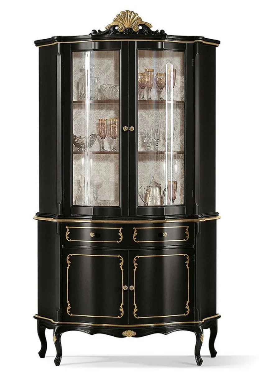Luxus Barock Vitrine Schwarz / Gold - Prunkvoller Barock Vitrinenschrank mit 4 Türen und Schublade - Barock Möbel - Luxus Qualität - Made in Italy