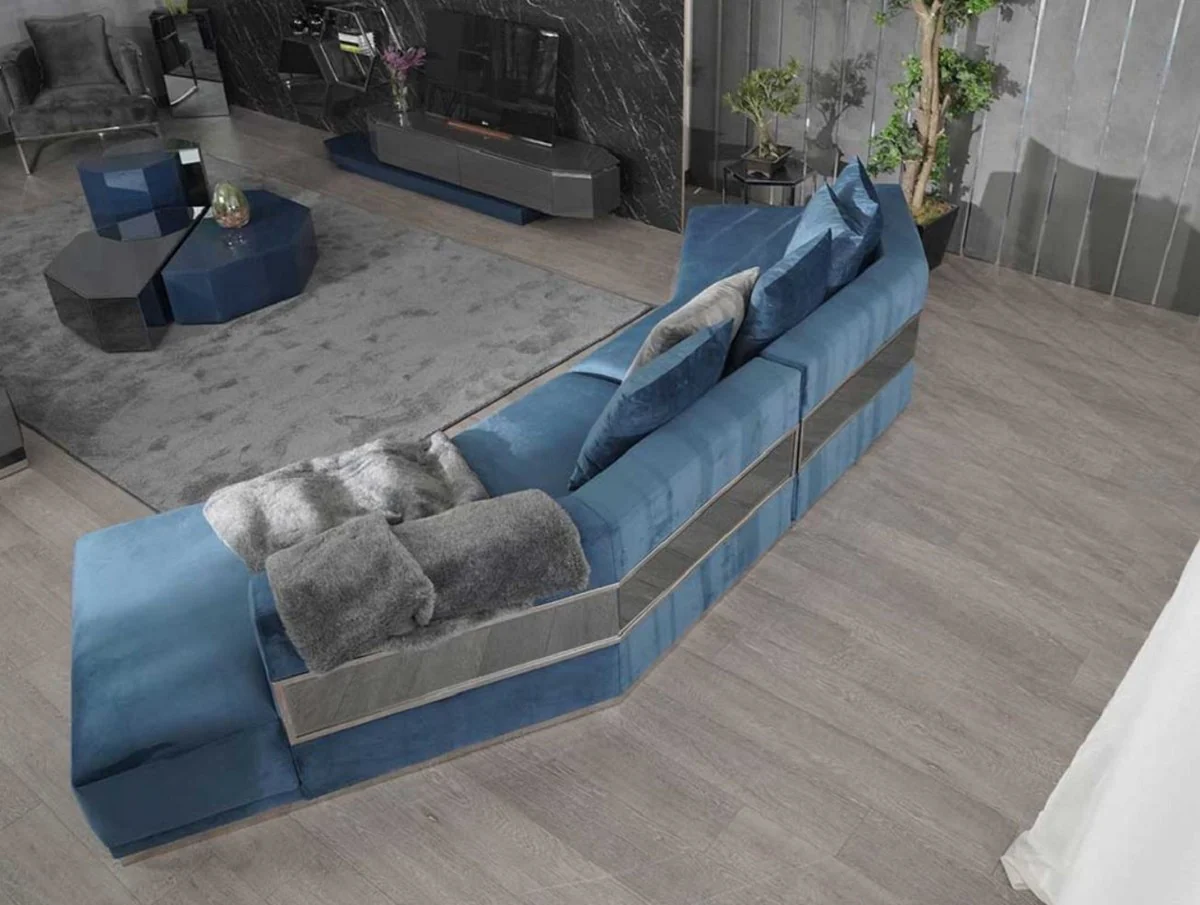 Luxus Sofa Blau / Silber 480 x 100 x H. 70 cm - Gebogenes Wohnzimmer Sofa - Hotel Sofa - Wohnzimmer Möbel - Hotel Möbel - Luxus Möbel - Luxus Einrichtung