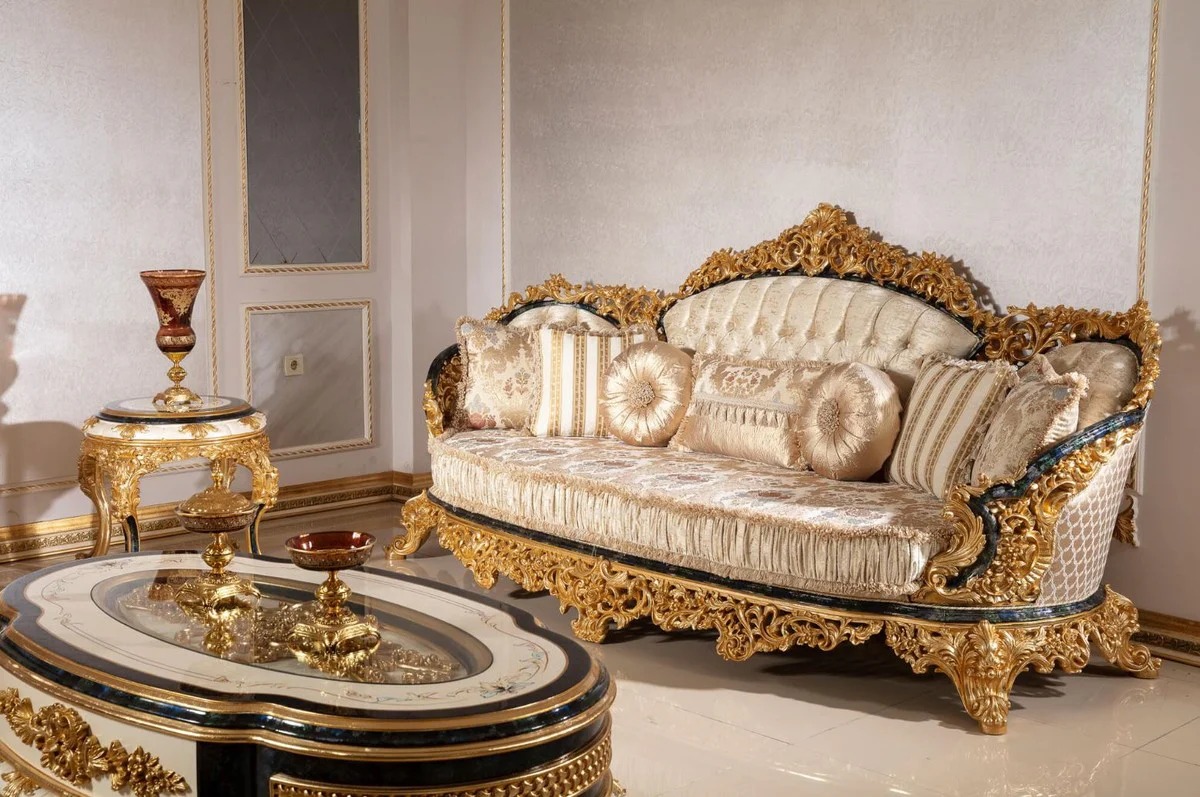 Luxus Barock Sofa Gold / Mehrfarbig / Blau / Gold - Prunkvolles Wohnzimmer Sofa mit elegantem Muster - Barock Wohnzimmer Möbel - Edel & Prunkvoll