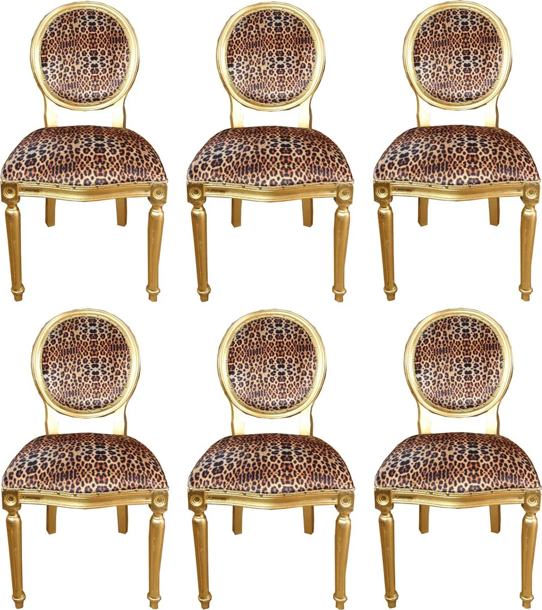 Luxus Barock Esszimmer Set Medaillon Leopard / Gold 50 x 52 x H. 99 cm - 6 handgefertigte Esszimmerstühle - Barock Esszimmermöbel
