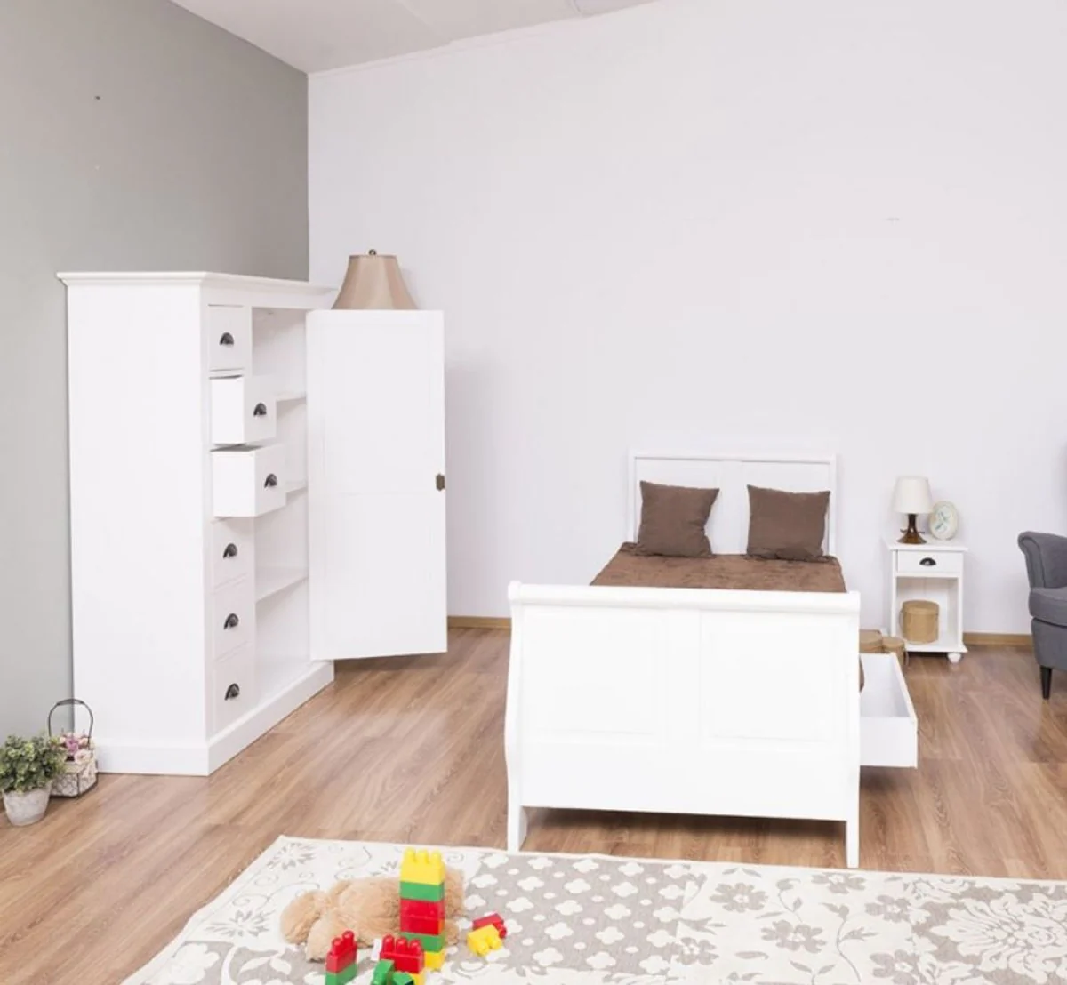 Landhausstil Massivholz Kinderzimmer Möbel Set Weiß - 1 Einzelbett & 1 Kleiderschrank & 1 Nachttisch - Landhausstil Möbel
