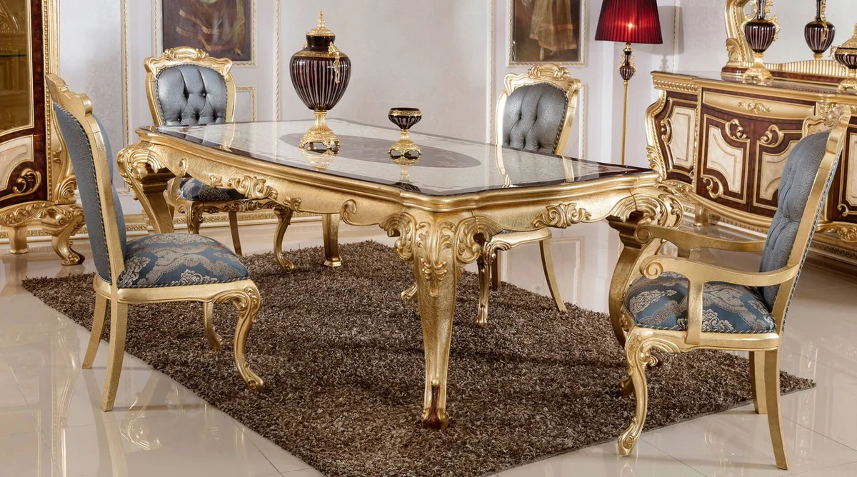 Luxus Barock Esstisch Weiß / Braun / Gold - Prunkvoller Massivholz Esszimmertisch im Barockstil - Prunkvolle Barock Esszimmer Möbel