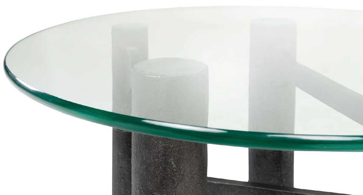 Luxus Couchtisch Antik Schwarz Ø 75 x H. 35,5 cm - Runder Aluminium Wohnzimmertisch mit Glasplatte - Wohnzimmer Möbel - Luxus Möbel - Luxus Einrichtung