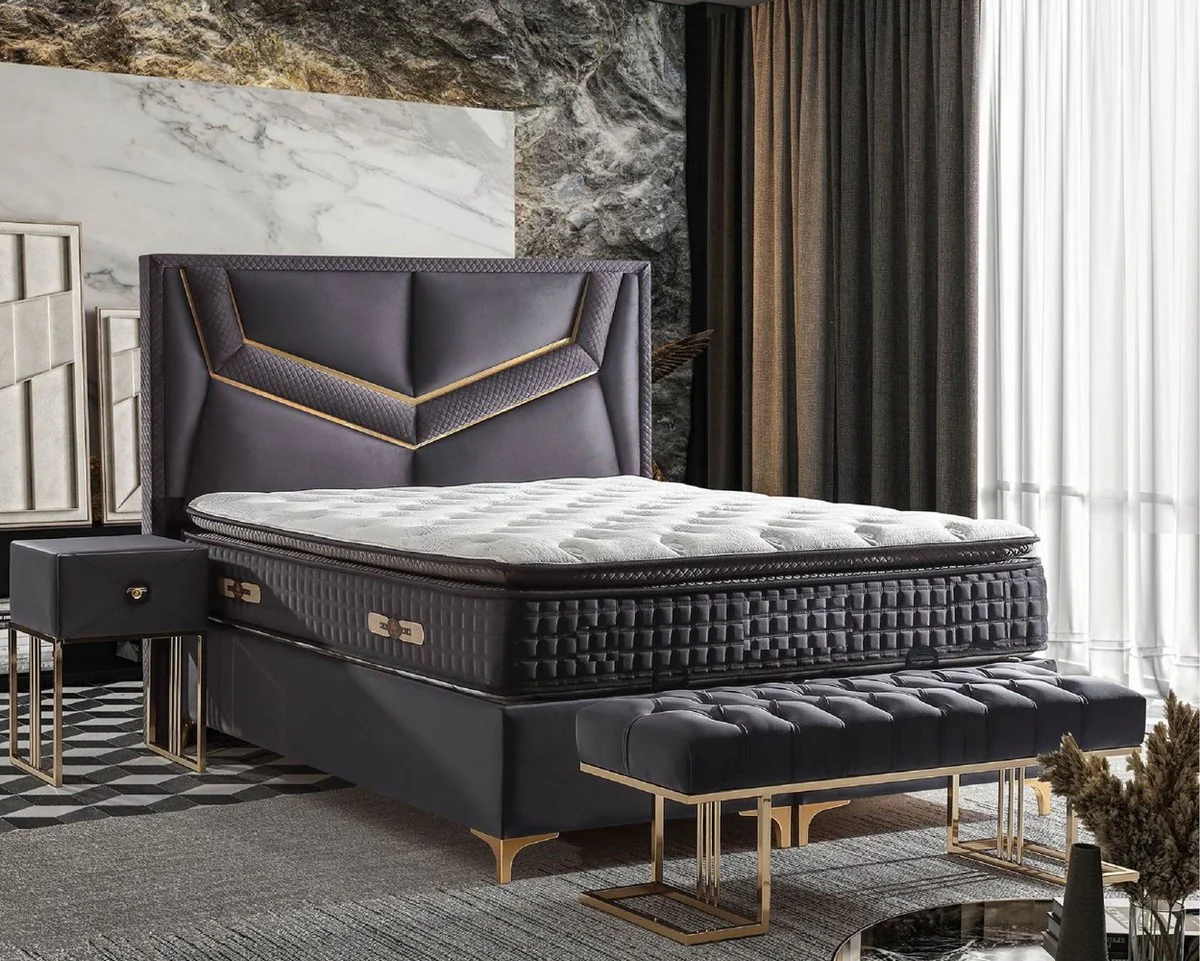 Luxus Doppelbett Lila / Gold - Verschiedene Größen - Massivholz Bett mit Kopfteil und Matratze - Schlafzimmer Möbel - Hotel Möbel - Luxus Möbel