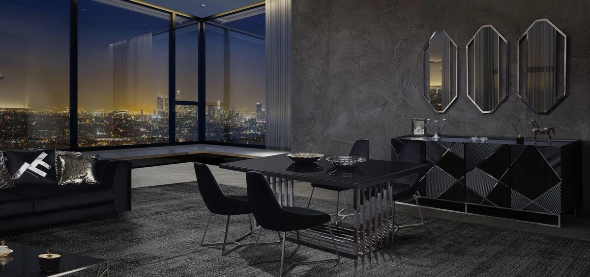 Luxus Esstisch Silber / Schwarz 200 x 100 x H. 77 cm - Rechteckiger Edelstahl Küchentisch mit Glasplatte - Luxus Esszimmer Möbel