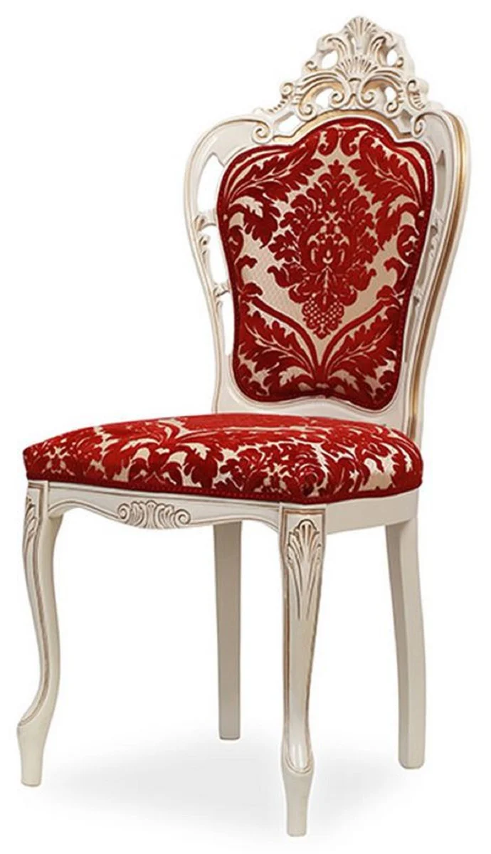 Luxus Barock Esszimmer Stuhl 4er Set mit elegantem Muster Rot / Weiß / Beige / Gold - Barockstil Küchen Stühle - Prunkvolle Luxus Esszimmer Möbel im Barockstil - Edel & Prunkvoll