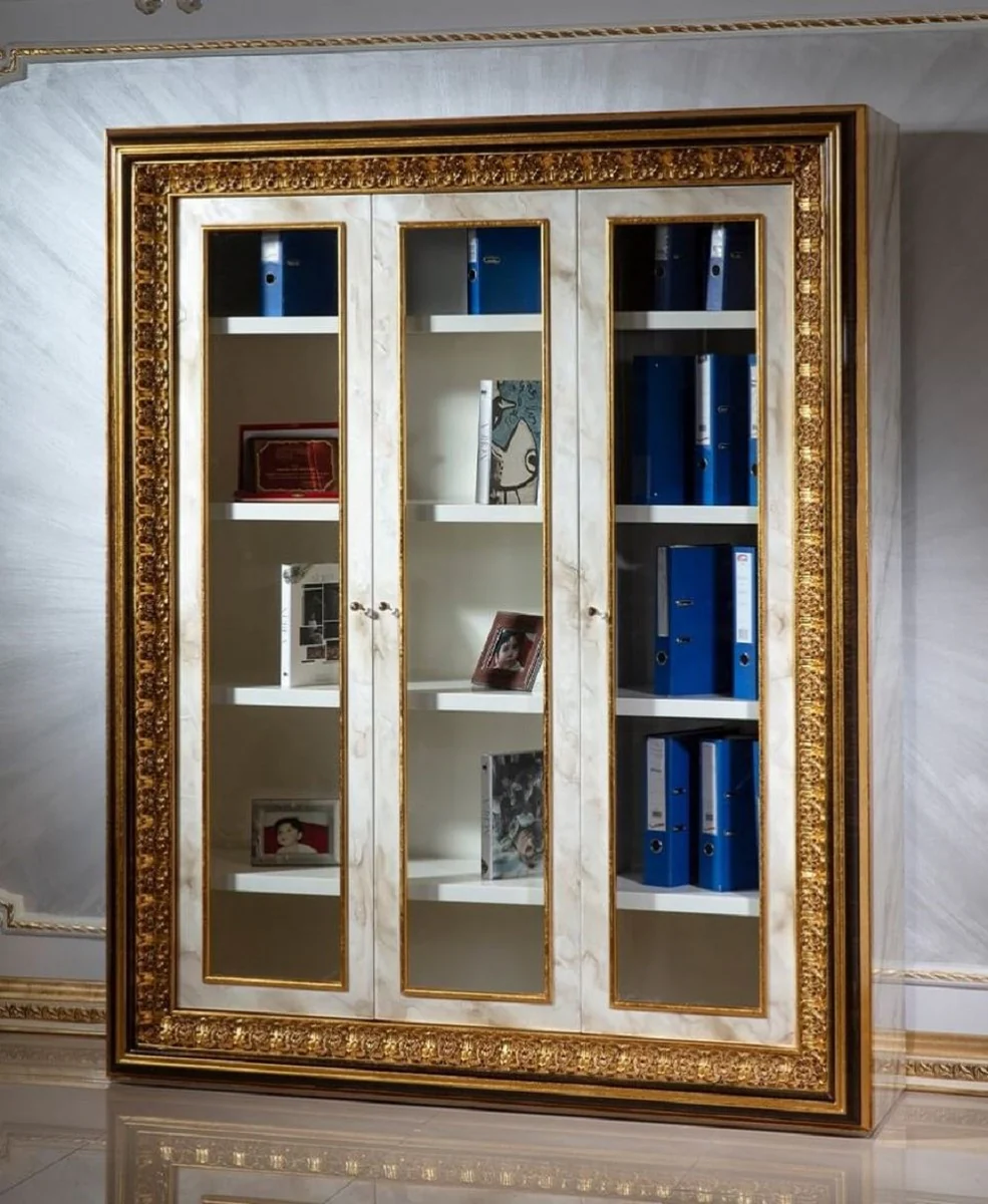 Luxus Barock Bücherschrank Weiß / Dunkelbraun / Gold - Prunkvoller Massivholz Schrank mit 3 Glastüren - Handgefertigte Barock Büro Möbel - Edel & Prunkvoll
