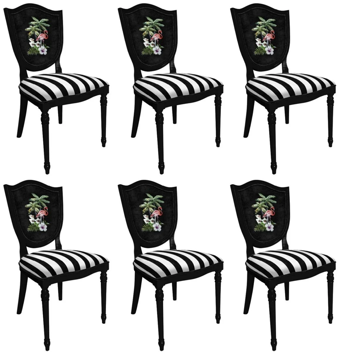 Art Deco Esszimmerstuhl Set Weiß / Mehrfarbig / Schwarz - 6 Handgefertigte Art Deco Küchen Stühle mit Design und Streifen - Art Deco Esszimmer Möbel