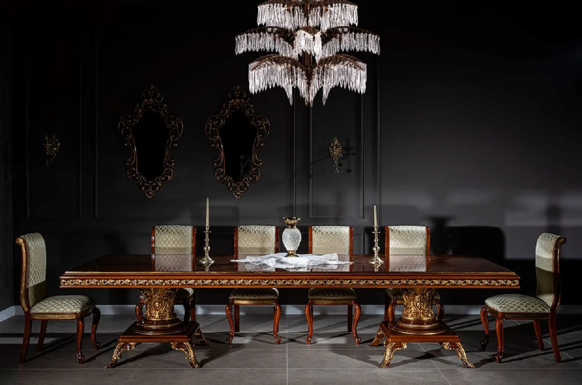 Luxus Barock Esszimmer Set Braun / Gold - 1 Barock Esstisch & 10 Barock Esszimmerstühle - Barock Esszimmer Möbel - Luxus Möbel im Barockstil - Edel & Prunkvoll