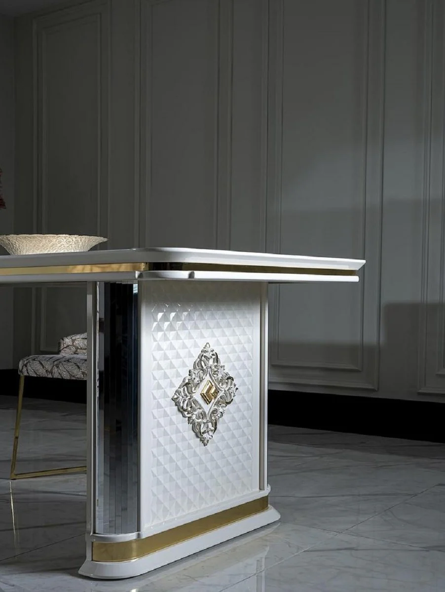 Luxus Art Deco Esstisch Weiß / Gold - Handgefertigter Massivholz Küchentisch mit Spiegelglas - Art Deco Esszimmer Möbel