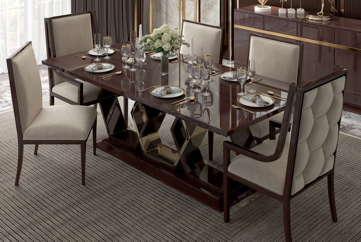 Luxus Art Deco Esszimmer Set Beige / Dunkelbraun Hochglanz / Gold - 1 Esszimmertisch & 6 Esszimmerstühle - Art Deco Esszimmer Möbel - Luxus Qualität
