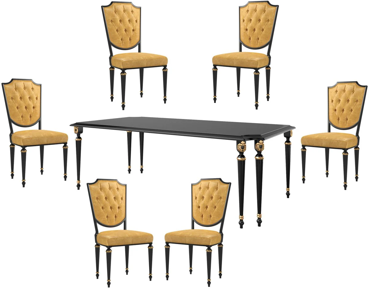 Luxus Barock Esszimmer Set Gold / Schwarz / Antik Gold - 1 Esszimmertisch & 6 Esszimmerstühle mit hochwertigem Leder - Barock Esszimmermöbel - Luxus Qualität - Edel & Prunkvoll