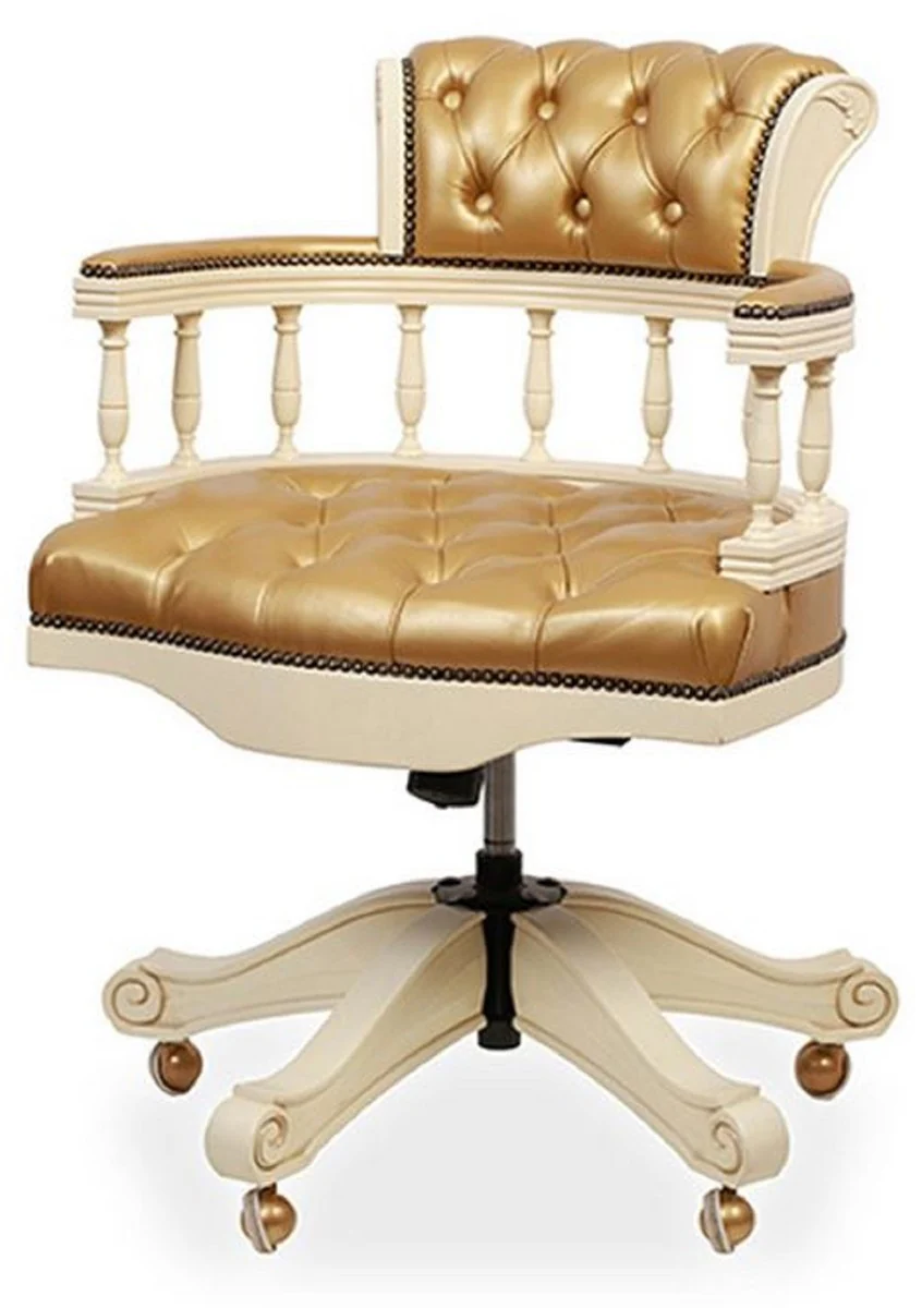 Luxus Barock Chesterfield Leder Schreibtischstuhl Gold / Creme - Höhenverstellbarer Echtleder Bürostuhl - Büro Möbel - Edel & Prunkvoll