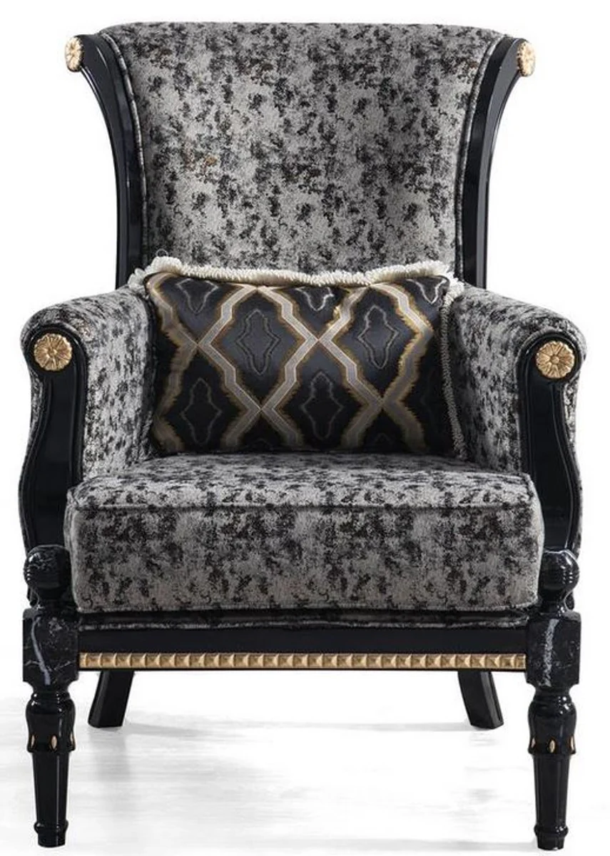 Luxus Barock Wohnzimmer Set Grau / Schwarz / Gold - 2 Sofas & 2 Sessel & 1 Couchtisch mit Glasplatte in Marmoroptik - Wohnzimmer Möbel im Barockstil - Edel & Prunkvoll