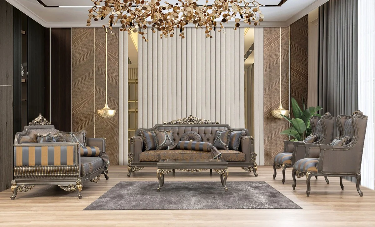 Luxus Barock Wohnzimmer Set Blau / Grau / Gold - 2 Sofas & 2 Sessel & 1 Couchtisch - Prunkvolle Barock Wohnzimmer Möbel