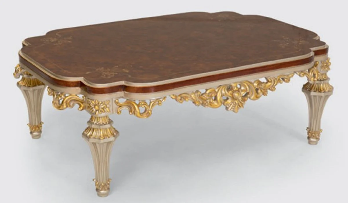 Luxus Barock Wohnzimmertisch Braun / Silber / Gold 120 x 88 x H. 44 cm - Edler Massivholz Couchtisch im Barockstil - Barock Wohnzimmer Möbel