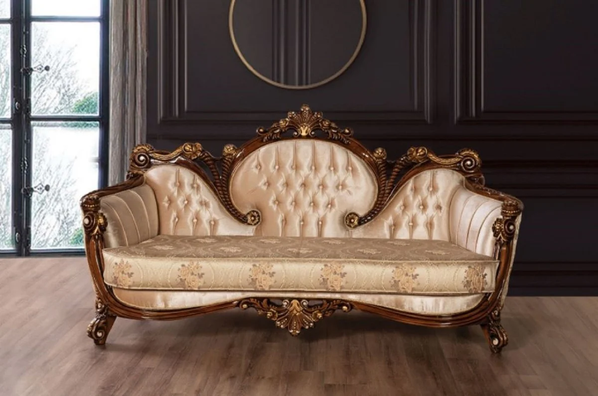 Luxus Barock Sofa Beige / Braun / Gold - Prunkvolles Wohnzimmer Sofa mit elegantem Muster - Barock Möbel - Edel & Prunkvoll