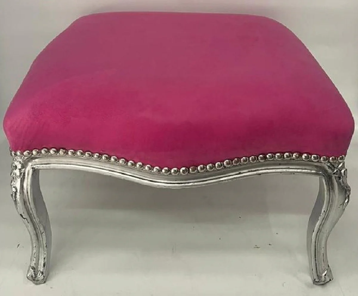 Barock Hocker Rosa / Silber - Handgefertigter Sitzhocker im Barockstil - Barock Fußhocker - Wohnzimmer Möbel im Barockstil - Barockstil Möbel - Barock Möbel - Edel & Prunkvoll