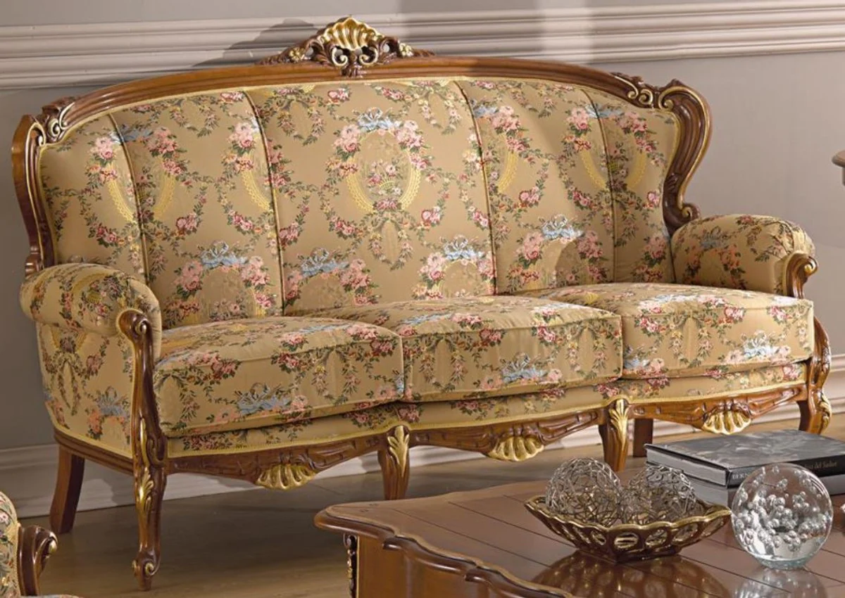 Luxus Barock Wohnzimmer Sofa mit Blumenmuster Beige / Mehrfarbig / Braun / Gold 185 x 92 x H. 103 cm - Edle Barockstil Wohnzimmer Möbel
