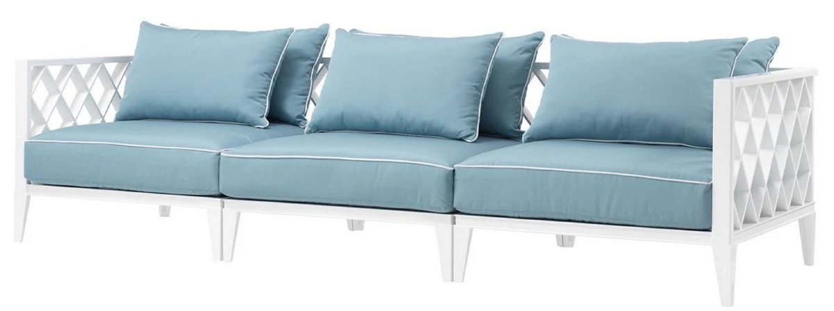 Luxus Wohnzimmer Sofa mit Kissen Weiß / Hellblau 275,5 x 93 x H. 69 cm - Wohnzimmermöbel