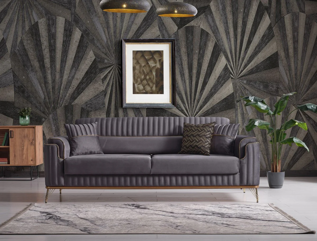 Luxus Schlafsofa Dunkelgrau / Braun / Gold 228 x 94 x H. 88 cm - Wohnzimmer Sofa mit 3 Kissen - Luxus Wohnzimmer Möbel