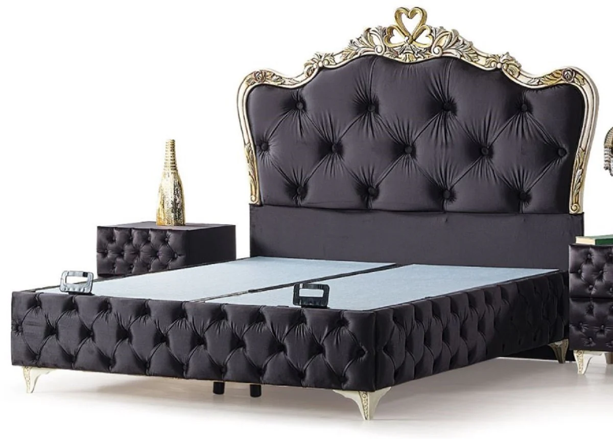 Luxus Barock Doppelbett Schwarz / Cremefarben / Gold - Verschiedene Größen - Handgefertigtes Massivholz Bett im Barockstil - Barock Schlafzimmer & Hotel Möbel - Edel & Prunkvoll