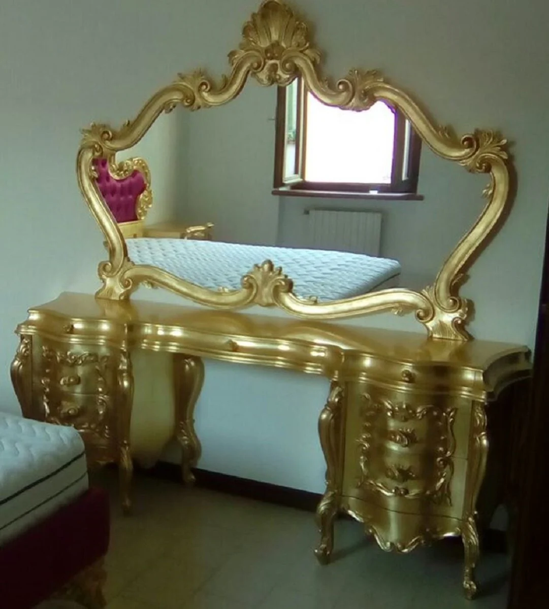 Luxus Barock Schlafzimmer Set Gold - 1 Barock Schminkkommode & 1 Barock Spiegel - Luxus Schlafzimmer Möbel im Barockstil - Barock Möbel - Luxus Qualität - Made in Italy