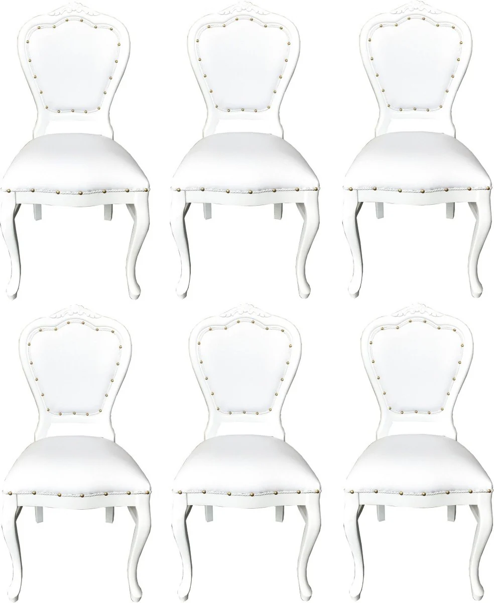 Luxus Barock Esszimmer Set Weiß / Weiß 45 x 47 x H. 99 cm - 6 handgefertigte Esszimmerstühle mit Kunstleder - Barock Esszimmermöbel