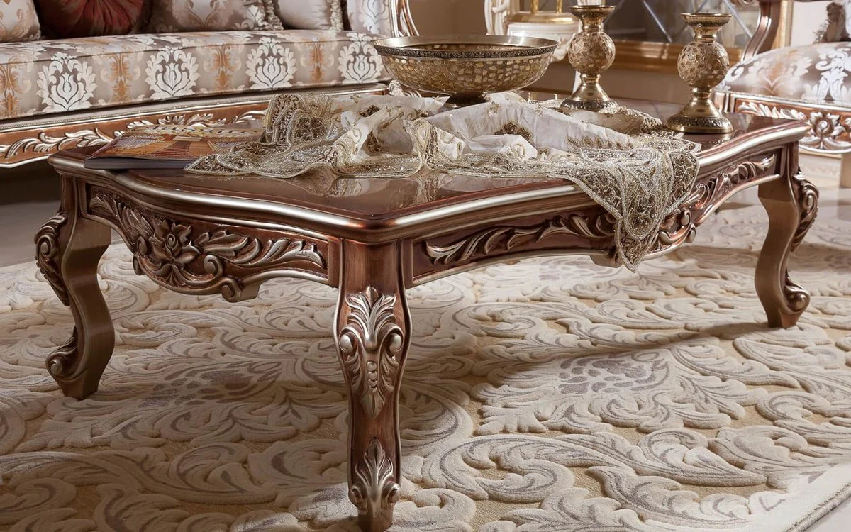 Luxus Barock Couchtisch Kupferfarben / Silber - Prunkvoller Wohnzimmertisch im Barockstil - Barock Wohnzimmer Möbel - Edel & Prunkvoll