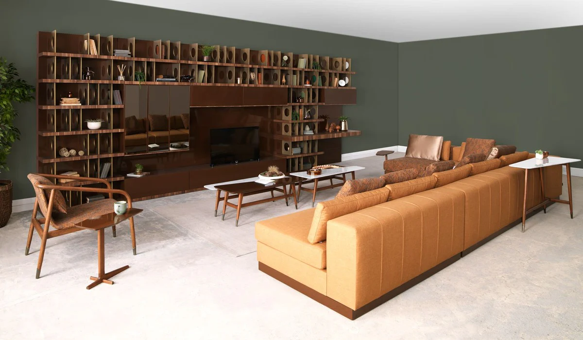 Luxus TV Schrank Dunkelbraun / Braun / Messing 576 x 60 x H. 224 cm - Riesiger Massivholz Wohnzimmer Schrank - Wohnzimmer Möbel - Hotel Möbel - Luxus Möbel