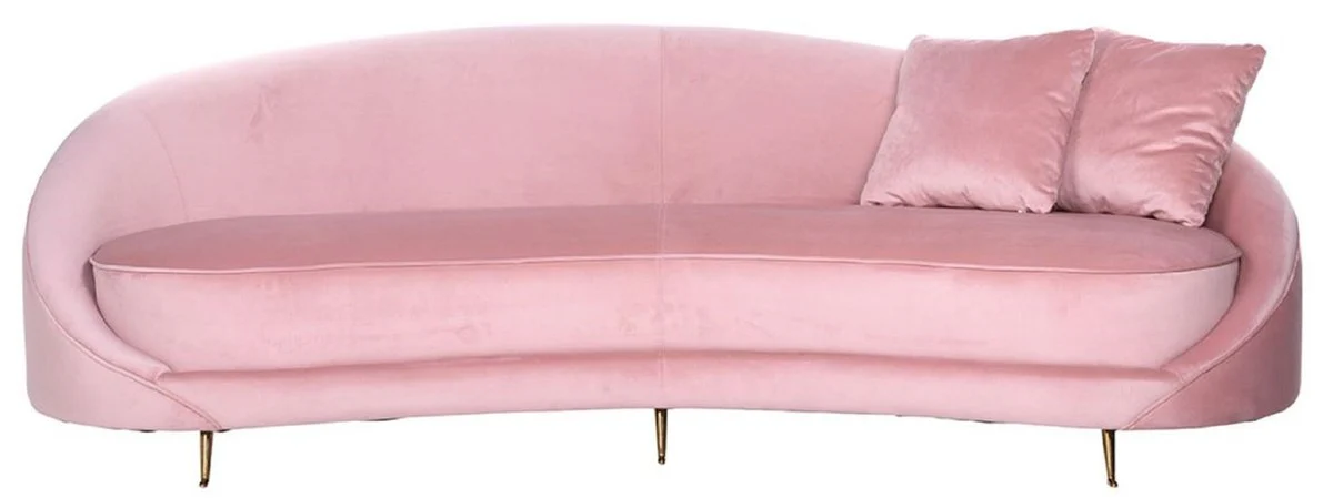 Luxus Samt Sofa Rosa / Gold 240 x 100 x H. 77 cm - Gebogenes Wohnzimmer Sofa mit 2 dekorativen Kissen - Luxus Wohnzimmer Möbel