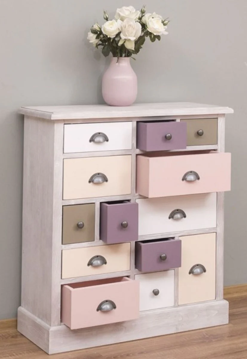 Landhausstil Kommode Hellgrau / Mehrfarbig 90 x 35 x H. 97 cm - Massivholz Schrank mit 13 Schubladen - Landhausstil Möbel