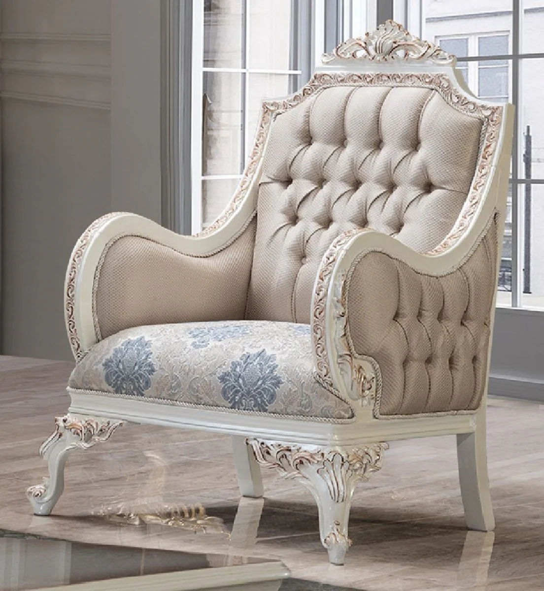 Luxus Barock Wohnzimmer Set Mehrfarbig / Creamweiß / Kupfer - 2 Barock Sofas & 2 Barock Sessel & 1 Barock Couchtisch - Luxus Wohnzimmer Möbel im Barockstil - Barock Möbel