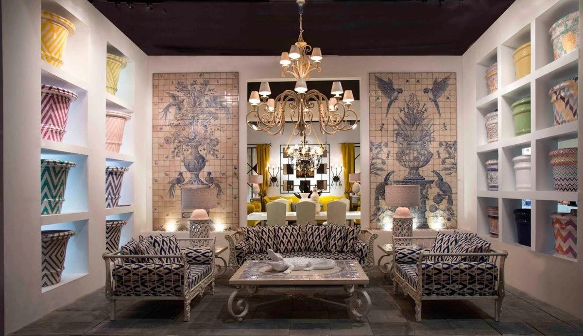 Luxus Barock Sofa Weiß / Blau / Gold 212 x 87 x H. 77 cm - Handgeschmiedetes Schmiedeeisen Sofa mit Kissen - Wohnzimmer Sofa - Garten Sofa - Terrassen Sofa - Barock Möbel