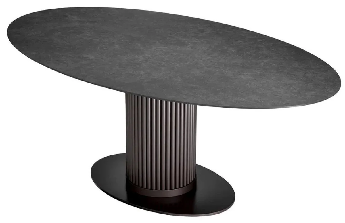 Luxus Esstisch Schwarz / Bronze 200 x 119 x H. 78,5 cm - Ovaler Küchentisch mit Keramik Tischplatte in Marmoroptik - Esszimmer Möbel - Küchen Möbel - Luxus Möbel - Luxus Qualität