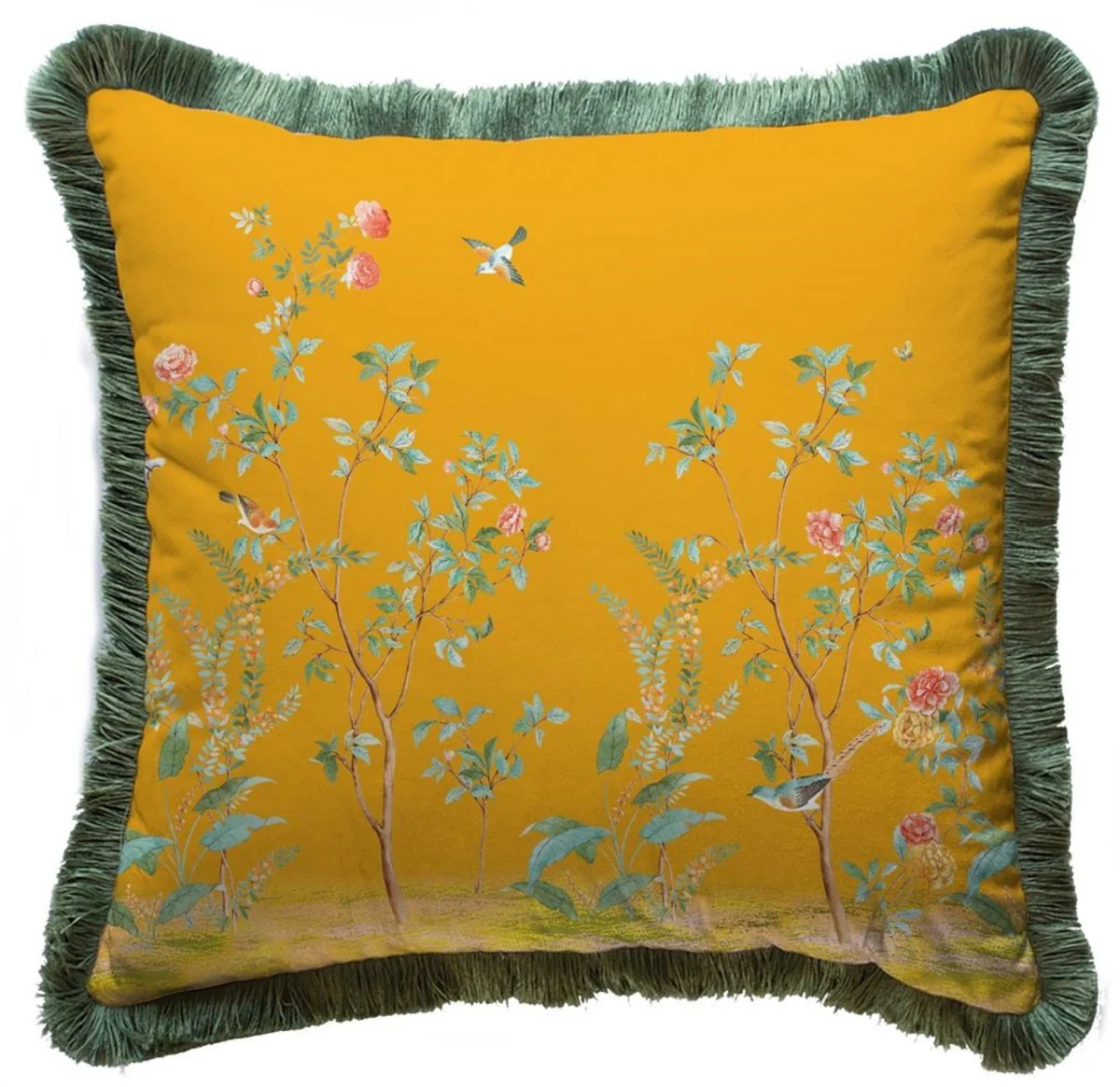 Luxus Deko Kissen Sträucher mit Blumen & Vögel Gelb / Mehrfarbig / Grün 45 x 45 cm - Bedrucktes Samt Kissen mit Fransen - Luxus Deko Accessoires