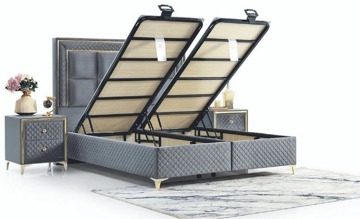 Luxus Doppelbett Grau / Gold - Modernes Massivholz Bett - Moderne Schlafzimmer & Hotel Möbel - Luxus Kollektion