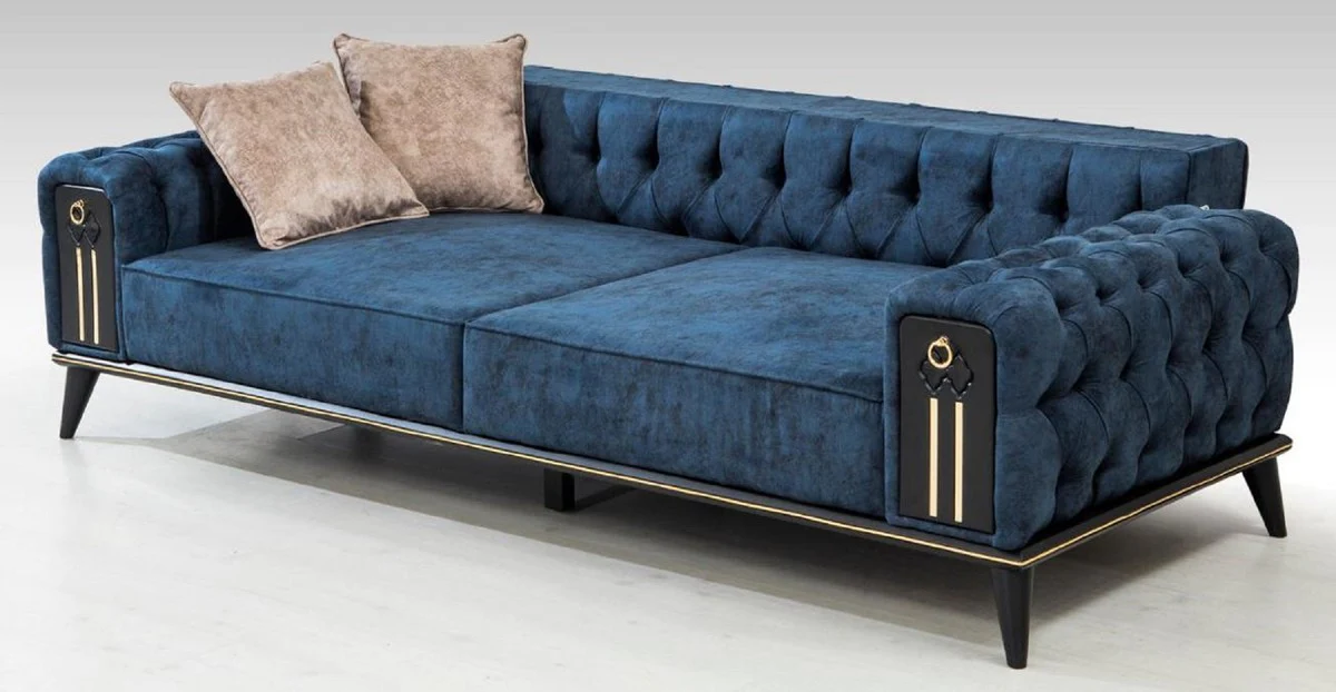 Luxus Chesterfield Schlafsofa Blau / Schwarz / Gold 220 x 90 x H. 80 cm - Modernes Wohnzimmer Sofa - Chesterfield Wohnzimmer Möbel