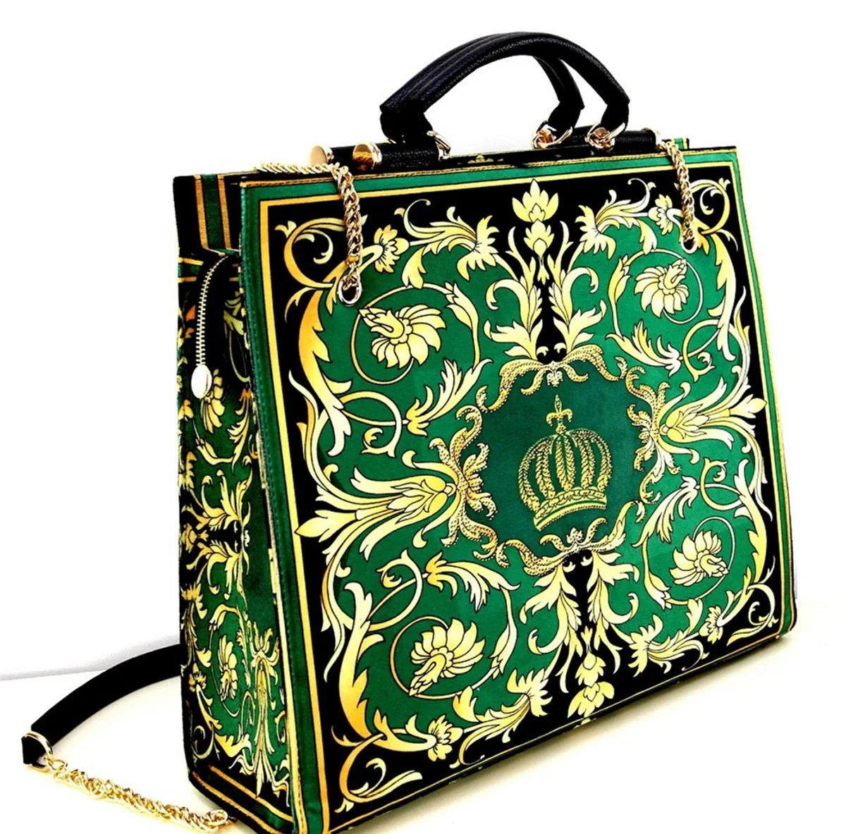 Pompöös by Damen Luxus Handtaschen Set Baroque Flowers mit Krone und Strass Steine Grün / Schwarz / Gold - Pompööse Damen Handtaschen designed by Harald Glööckler