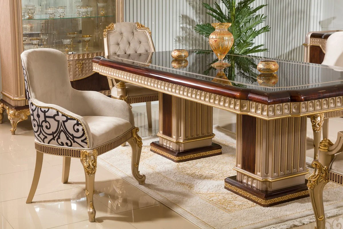 Luxus Barock Esszimmer Möbel Set Dunkelbraun / Grau / Gold