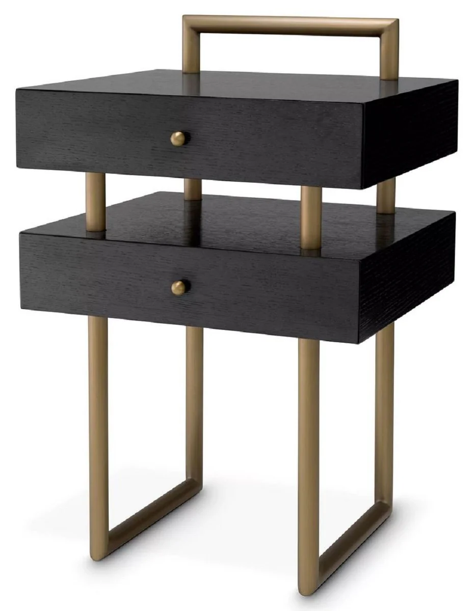 Luxus Beistelltisch mit 2 Schubladen Messing / Dunkelbraun 50 x 44 x H. 79 cm - Wohnzimmer Möbel - Wohnzimmer Einrichtung - Luxus Möbel - Luxus Einrichtung - Luxus Qualität