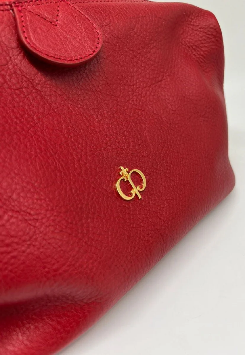 Luxus Echtleder Kosmetiktasche Rot / Gold 28 cm - Made in Italy