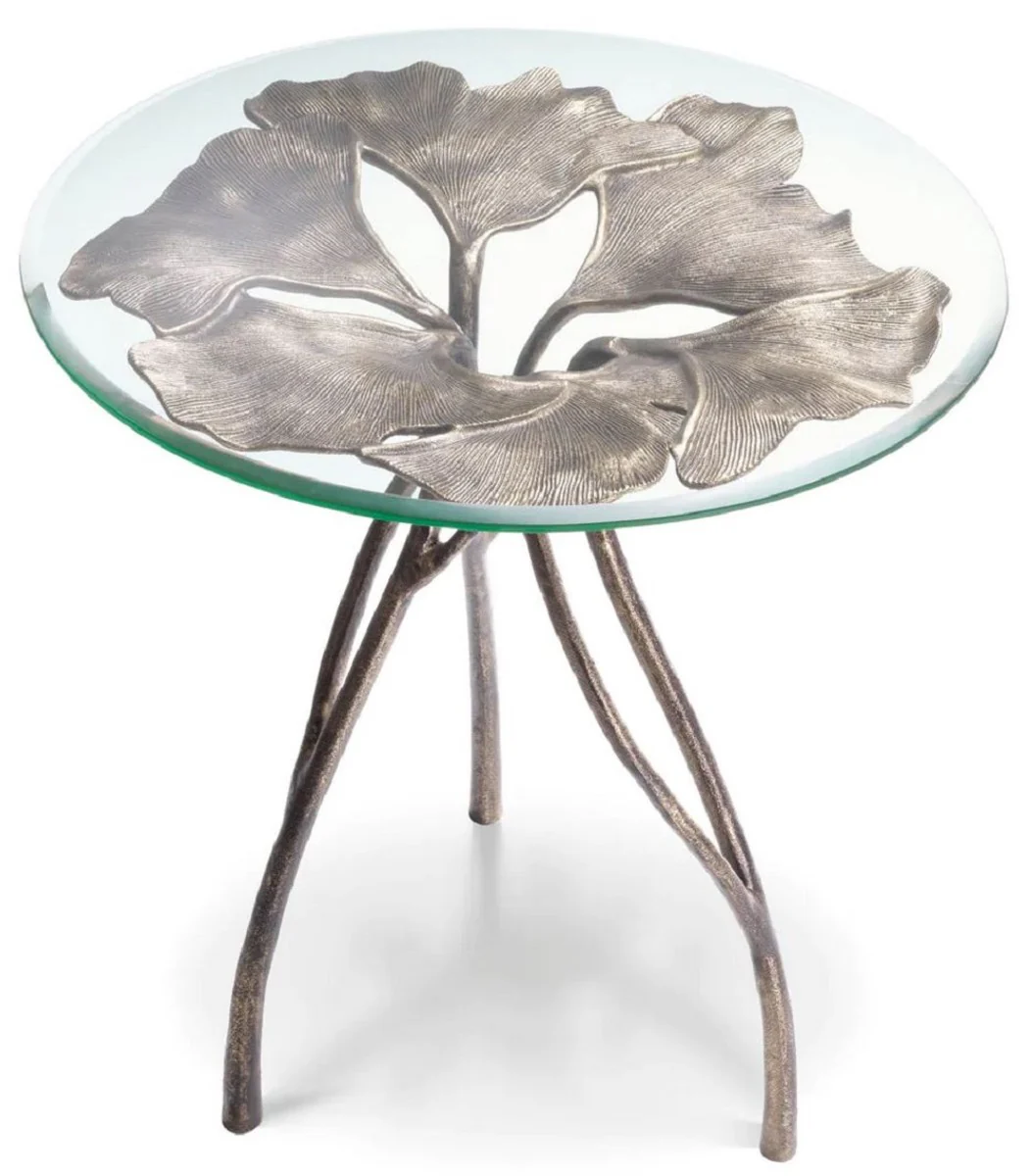 Luxus Beistelltisch Vintage Messing Ø 58 x H. 56,5 cm - Runder Aluminium Tisch mit Glasplatte - Luxus Möbel - Wohnzimmer Möbel - Hotel Möbel - Luxus Einrichtung