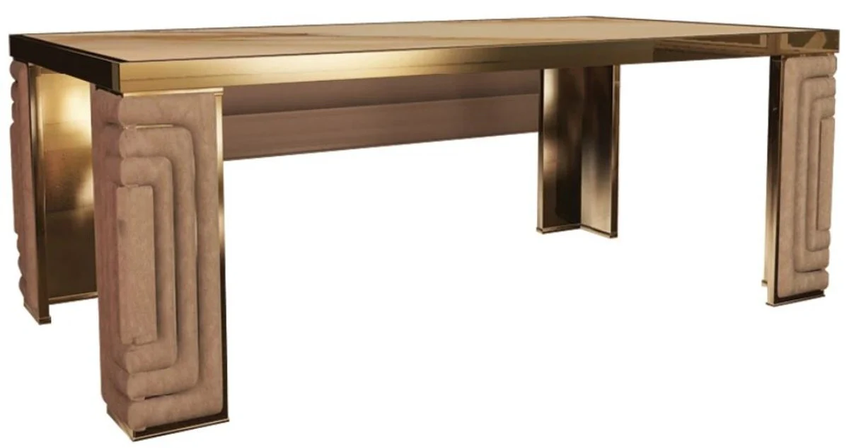 Luxus Esstisch Gold / Taupe / Weiß 200 x 110 x H. 78 cm - Moderner Esszimmertisch mit Estremoz Marmorplatte - Hotel Möbel - Luxus Qualität - Made in Italy