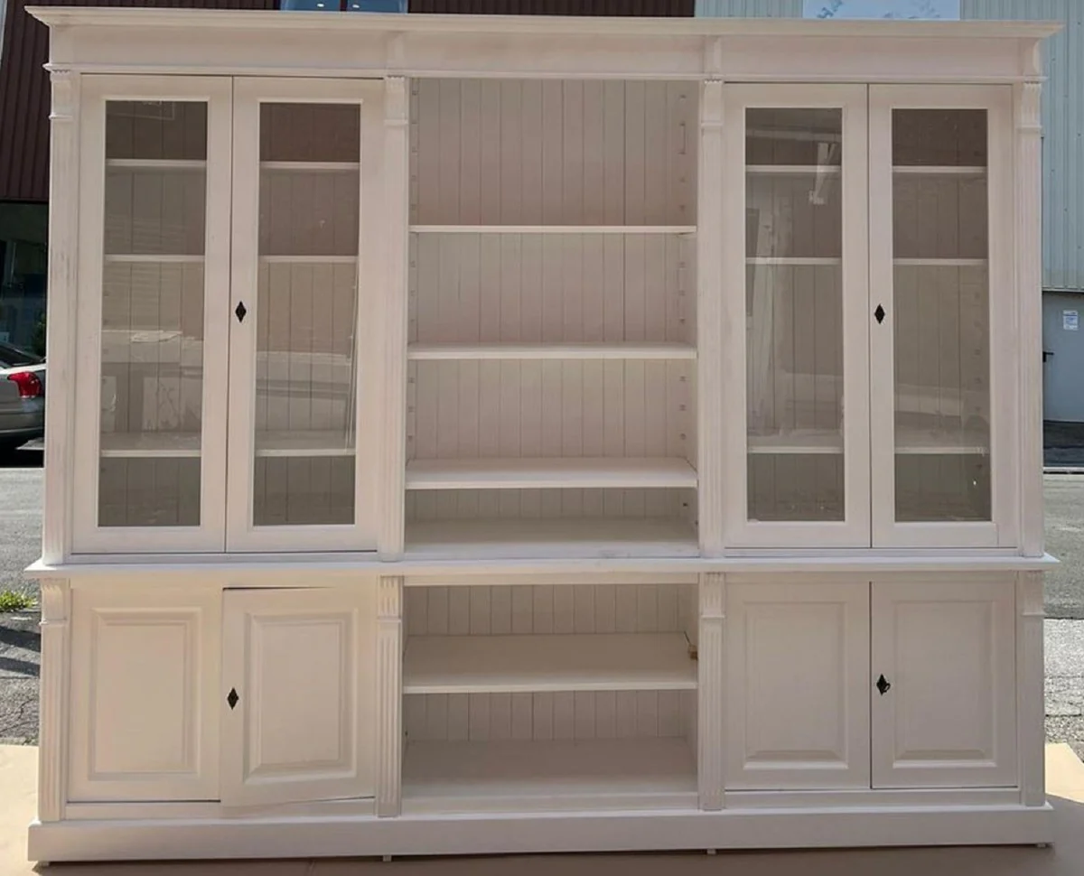 Landhausstil Schrank Weiß 286 x 51 x H. 228 cm - Massivholz Bücherschrank - Wohnzimmerschrank - Regalschrank - Büroschrank - Landhausstil Möbel