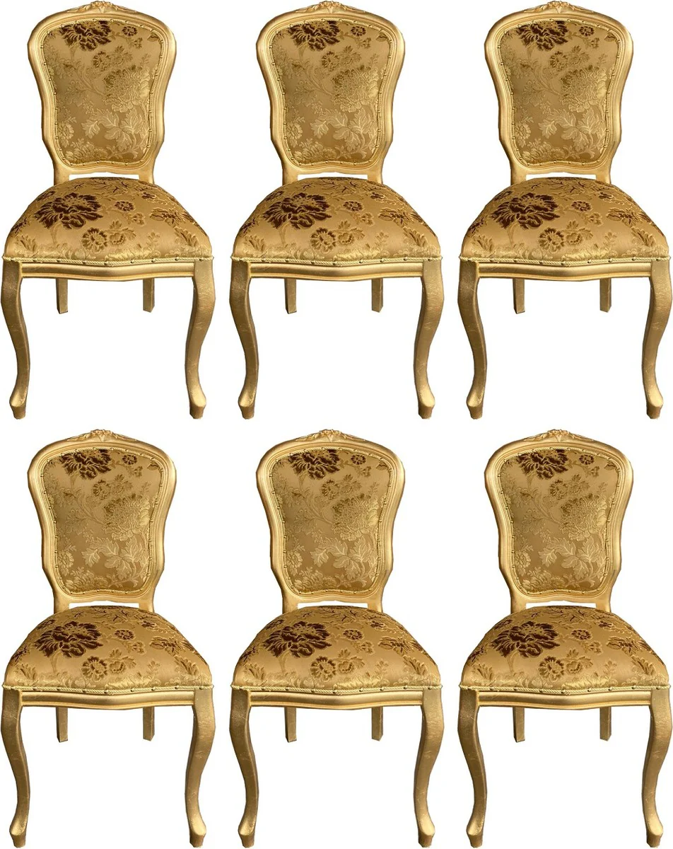 Luxus Barock Esszimmer Stuhl Set mit elegantem Muster Gold 50 x 60 x H. 104 cm - Küchen Stühle 6er Set - Barock Esszimmer Möbel