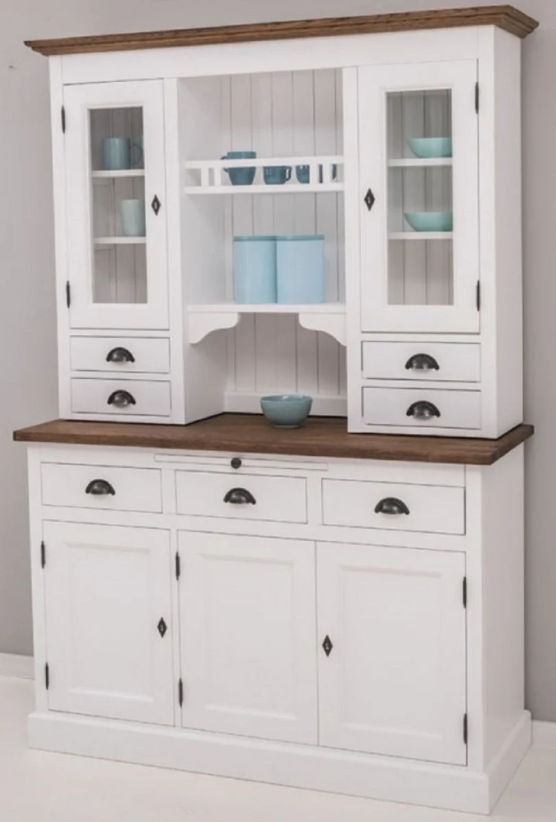 Landhausstil Küchenschrank Weiß / Braun 138 x 50 x H. 197 cm - 2 Teiliger Küchenschrank mit 5 Türen und 7 Schubladen - Landhausstil Küchenmöbel