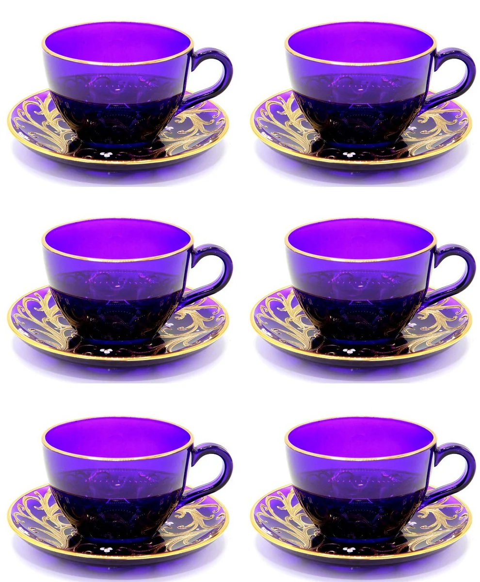 Luxus Barock Kaffee / Tee Tassen 6er Set Lila / Gold - Handgefertigte & handbemalte Tassen mit Untertassen - Hotel & Restaurant Accessoires - Luxus Qualität