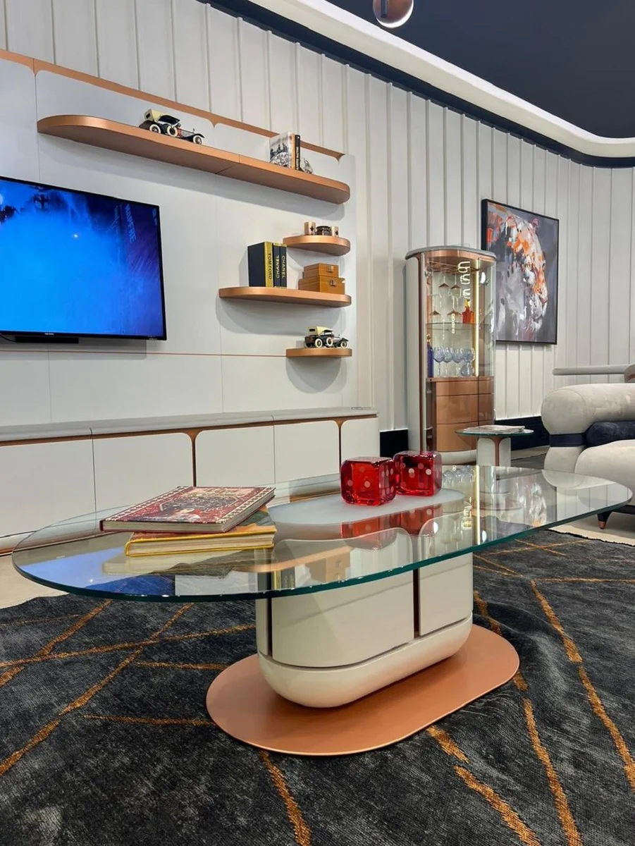 Luxus Couchtisch Weiß / Kupfer 150 x 80 x H. 40 cm - Wohnzimmertisch mit Glasplatte - Wohnzimmer Möbel - Hotel Möbel - Luxus Möbel - Luxus Einrichtung