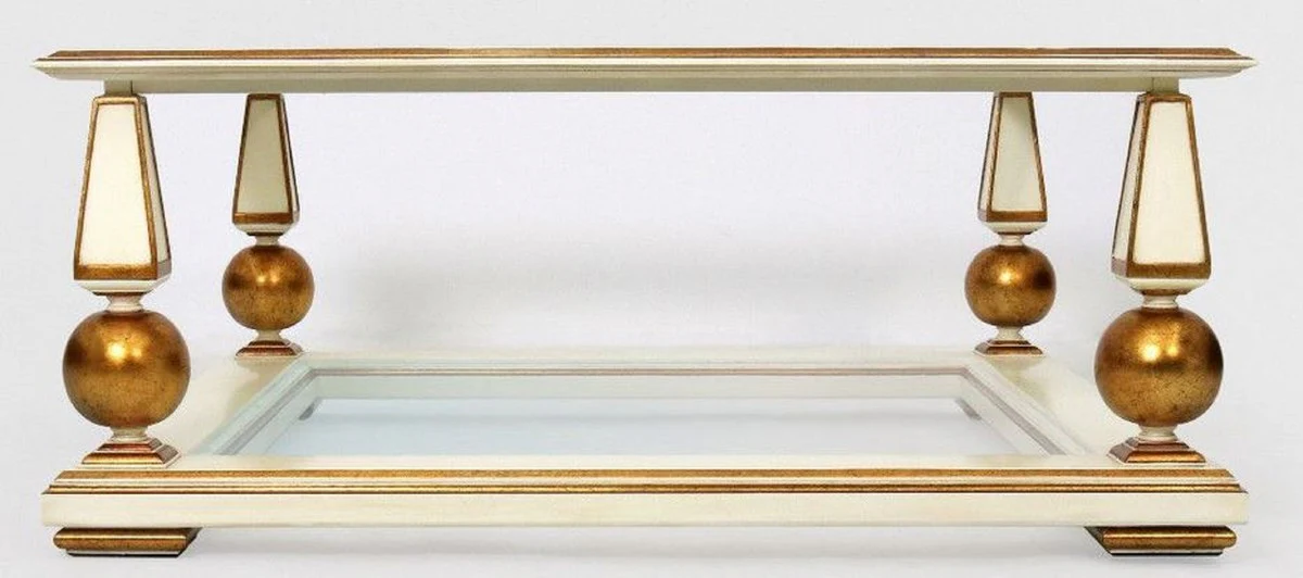 Luxus Barock Couchtisch Weiß / Antik Gold 113 x 113 x H. 47 cm - Prunkvoller Massivholz Wohnzimmertisch mit Glasplatten - Barock Wohnzimmer Möbel